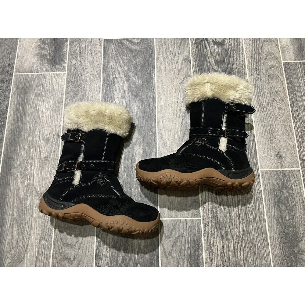 Salomon Lhasa Winter Boots 7 Womens Black Suede Faux Fur Lined Contagrip Snow
